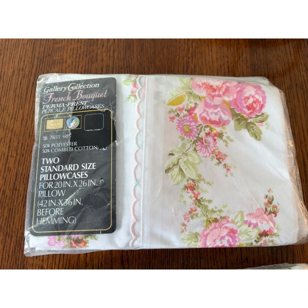 Vtg Sears Gallery Collection French Bouquet‎ Full Size Flat Sheet 2 Pillow Cases
